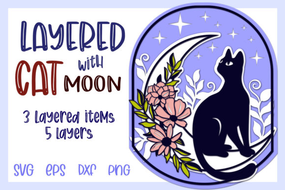 Cat with Moon: 3 Layered Digital Designs